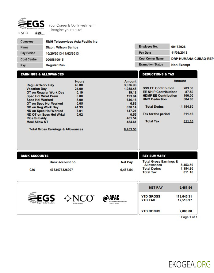 Bulletin de paie EXPERT GLOBAL SOLUTIONS COMPANY au format PDF et Word